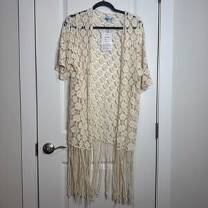 Rebellion Again Ivory Crochet Fringe Cardigan Boho Open Knit Kimono Large 27385